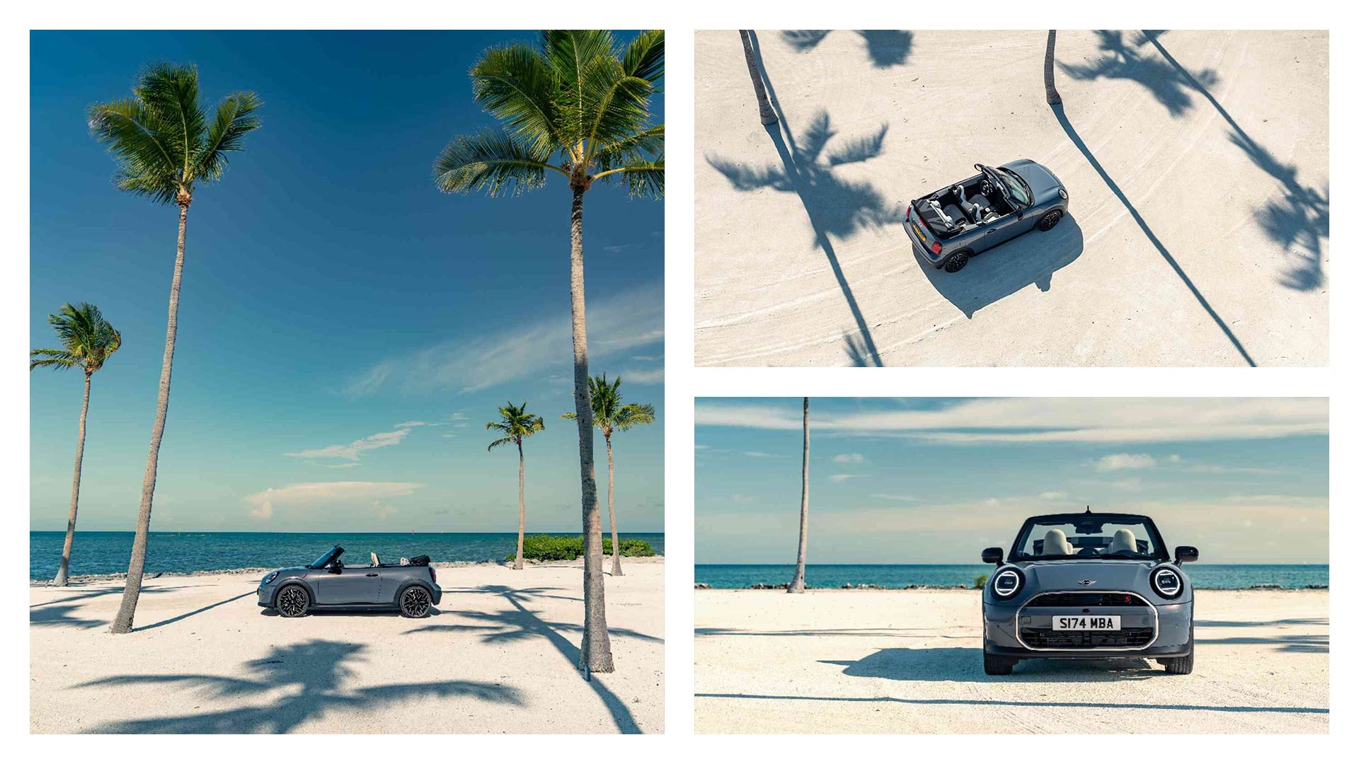 MINI Cooper Cabrio an einem Sandstrand mit Palmen vor blauem Himmel.